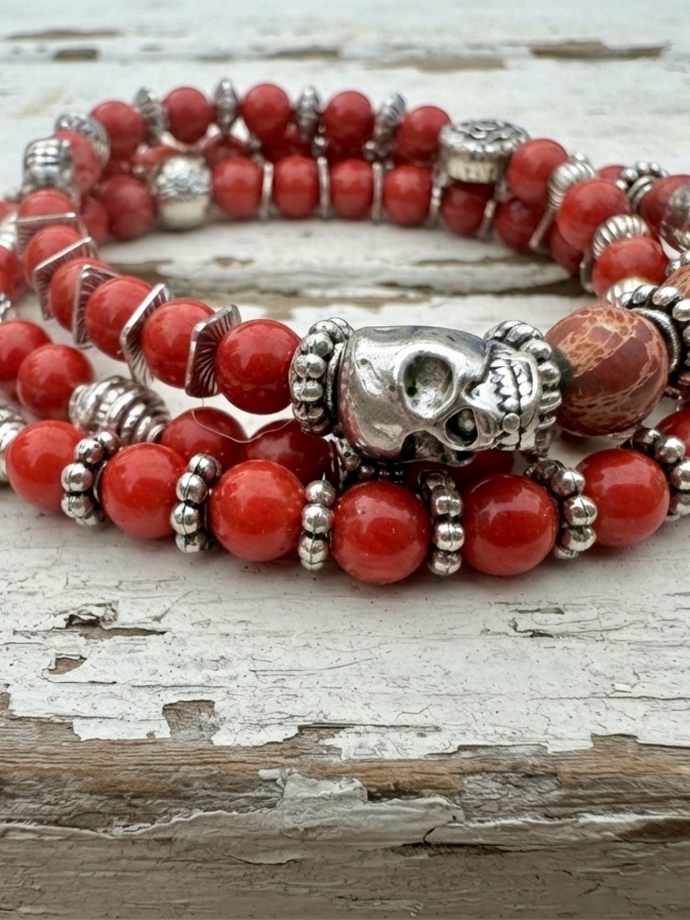 Red Bead Triple Wrap Stretch Bracelet with Silver Skull Accent